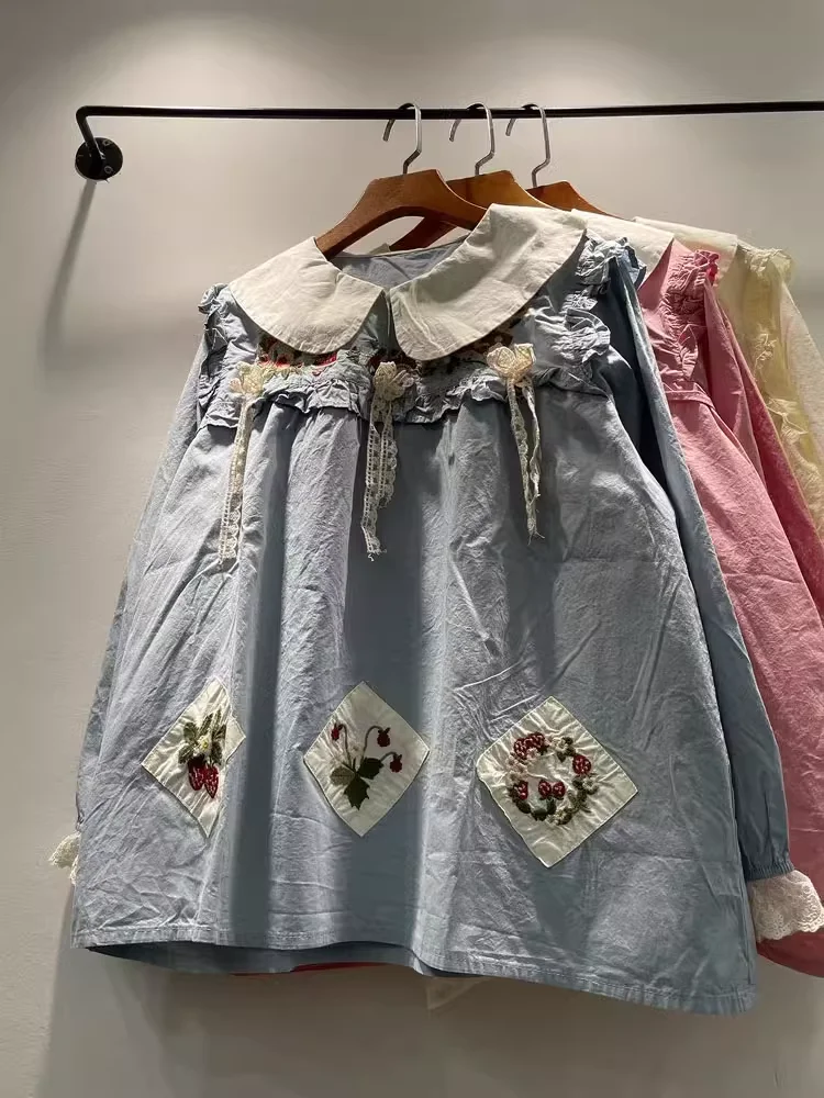 바스트 118cm 모리 케이 스위트 피터팬 칼라 코튼 블루 베이지 핑크 자수 패치 셔츠 긴 소매 블라우스 귀여운 옷