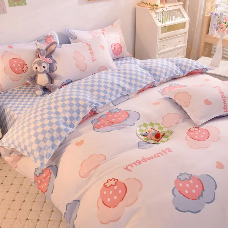 

Cute Sweet Strawberry Bedding Set INS Flower Duvet Cover Flat Sheet Pillowcase Floral Girls Bed Linen Twin Queen Size NO Filling