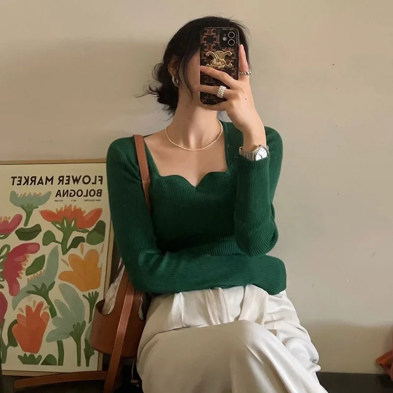 

Трикотаж, корейский модный вязаный пуловер с квадратным воротником, простой однотонный тонкий свитер, одежда