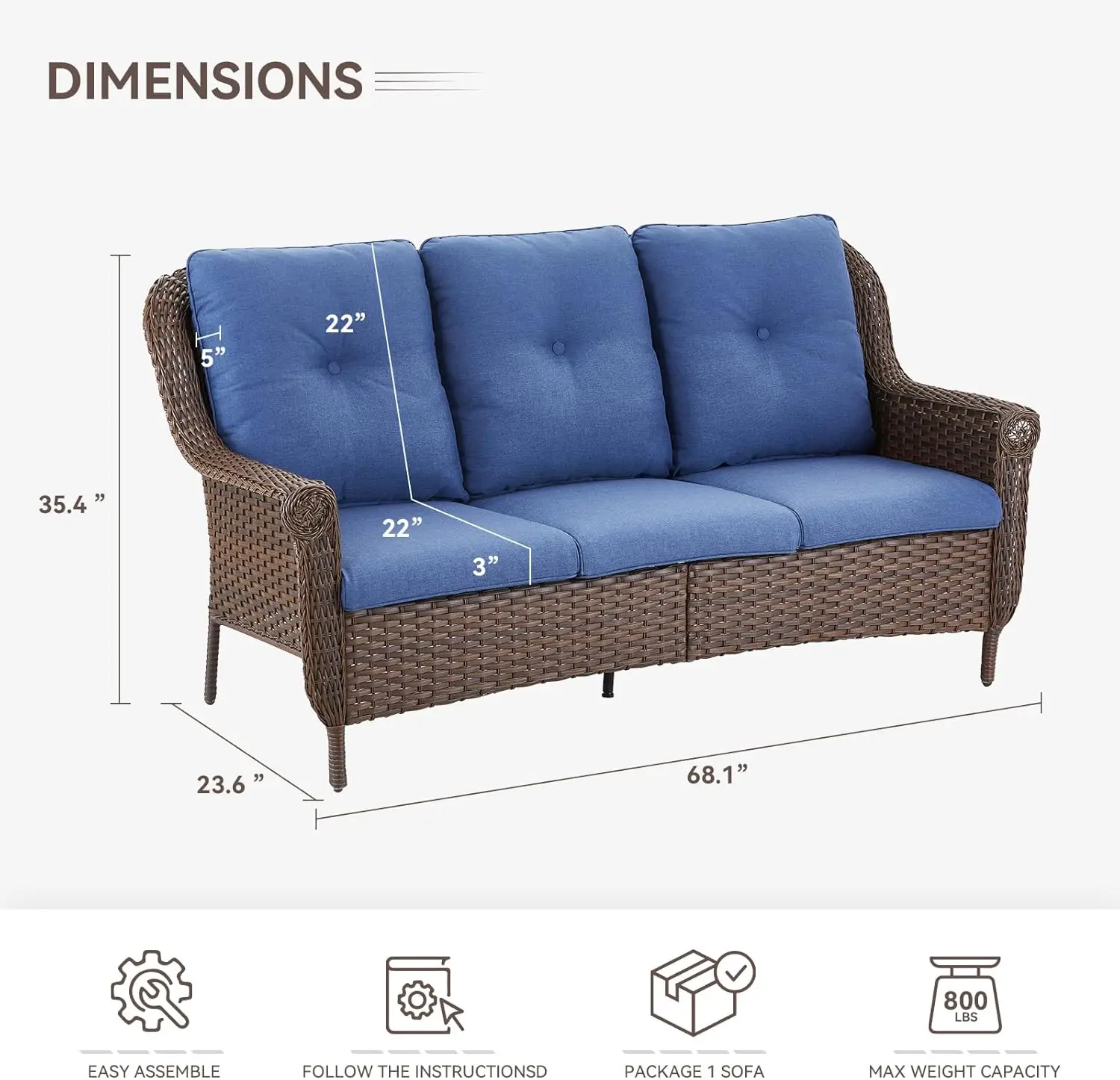 Patio Wicker Sofa 3-Seat Rattan Couch Brown Rattan Sofa with Chrysanthemum Armest & Water Resistant Cushions Sofa