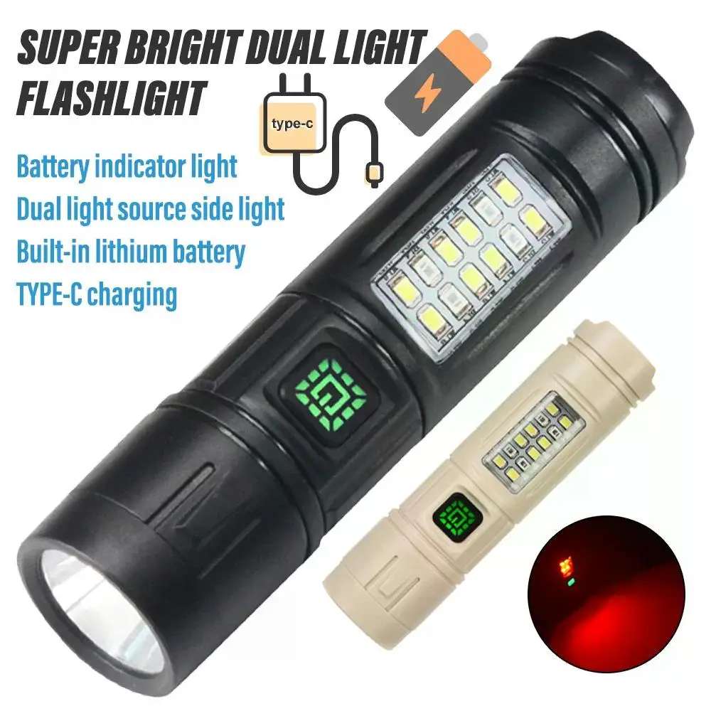 C5 Super Bright LED Flashlight Rechargeable Torch Portable Searchlight Outdoor Camping Light with COB Side Lights Mini Lamp Tool