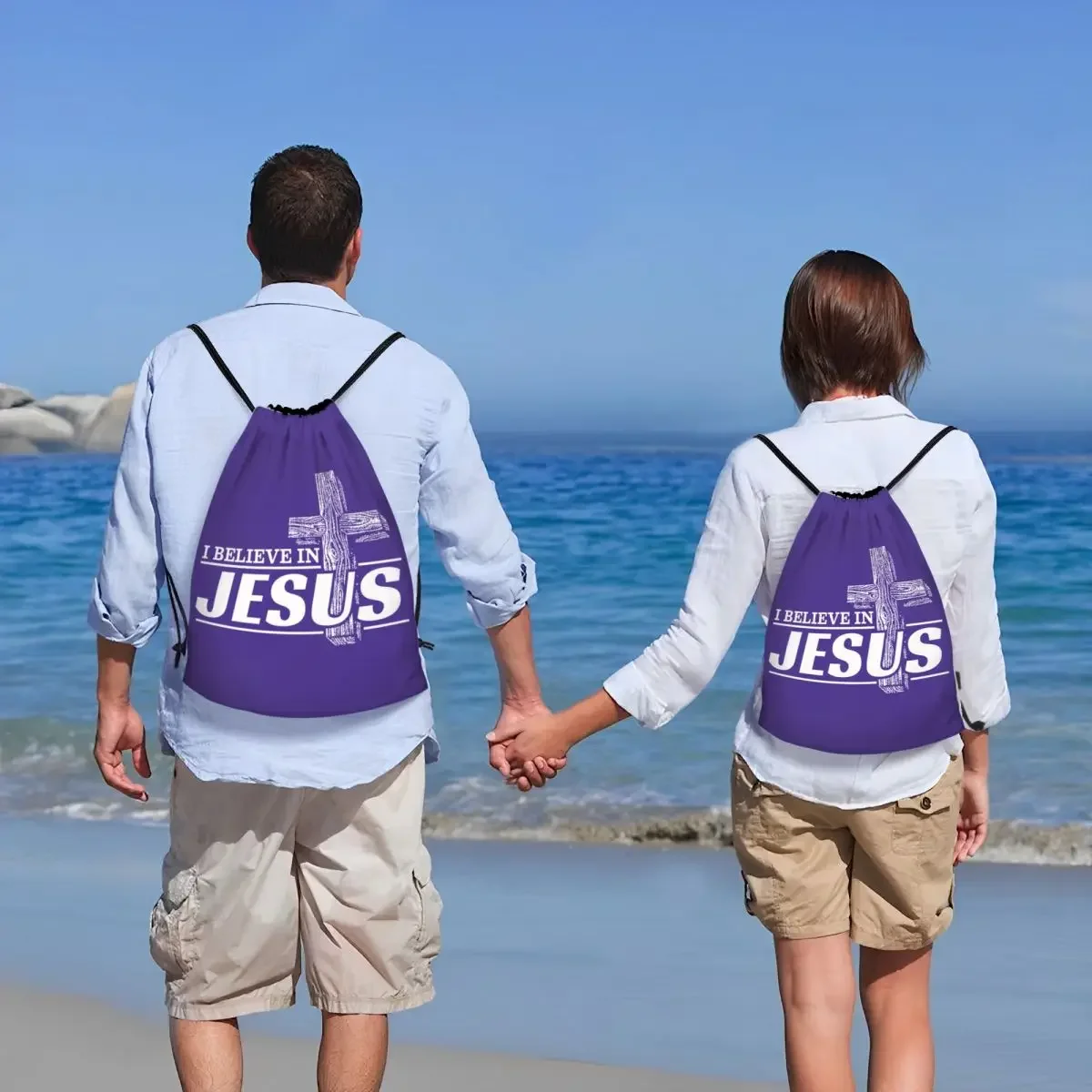 Mochila con cordón personalizada para hombre y mujer, bolso ligero con diseño de I Believe In Jesús, para almacenamiento de deportes y gimnasio