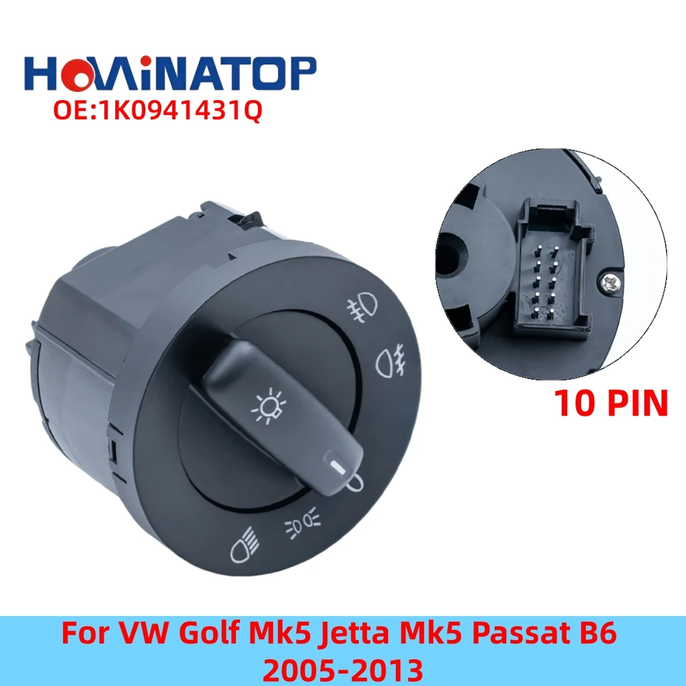 HOWINATOP 1K0941431Q 1K0941431C 10Pin Headlight Control Switch For VW Golf Mk5 Jetta Mk5 Passat B6 2005-2013 OEM Replacement