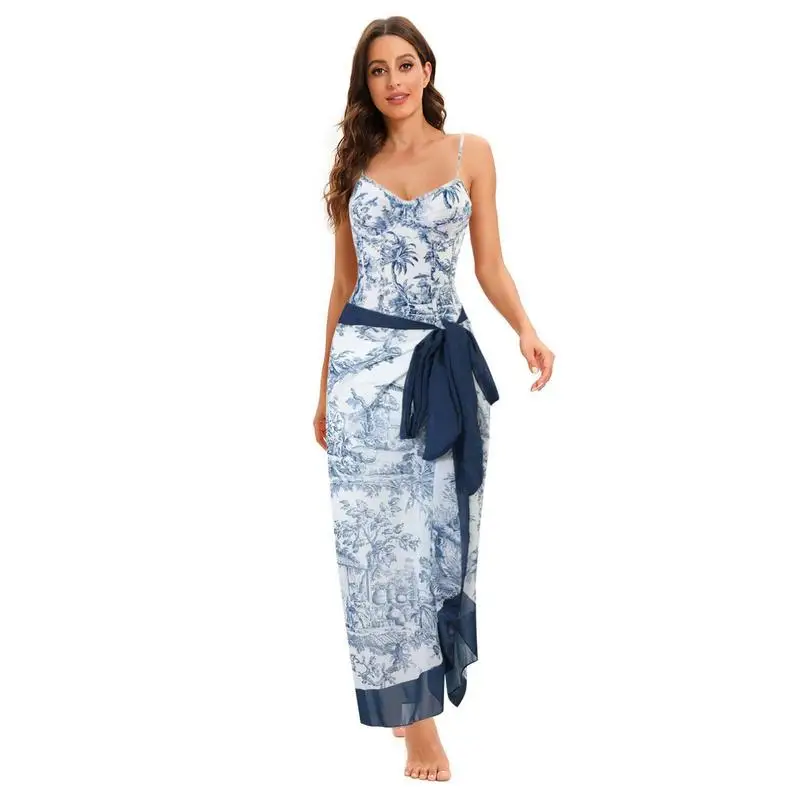 

One-Piece Bathing Suit Slimming Bikini Wrap Skirts Floral Print Swimsuit 2 Pcs Tummy Control V Neck Swimwear Ruffle Dress