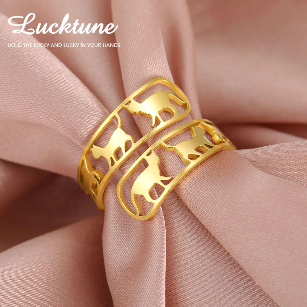 Lucktune Walking Cats Open Rings for Women Stainless Steel Animal Cute Kitten Hollow Rings Fine Jewelry Designer Gift 2024 Trend