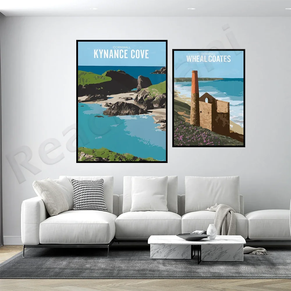 Wheal Coates Tin Mine, Kynance Bay - Cornish Coastal Landscape - Illustrated Graphic Graphics Print Poster - Blue/Green