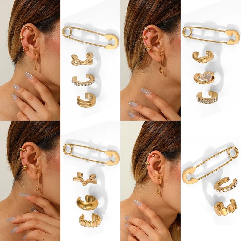 Letdiffery Trendy Single Side Ear Cuff Set Stainless Steel Non Piercing Cartilage Clip Paperclip Earrings Minimalist CZ Ear Wrap