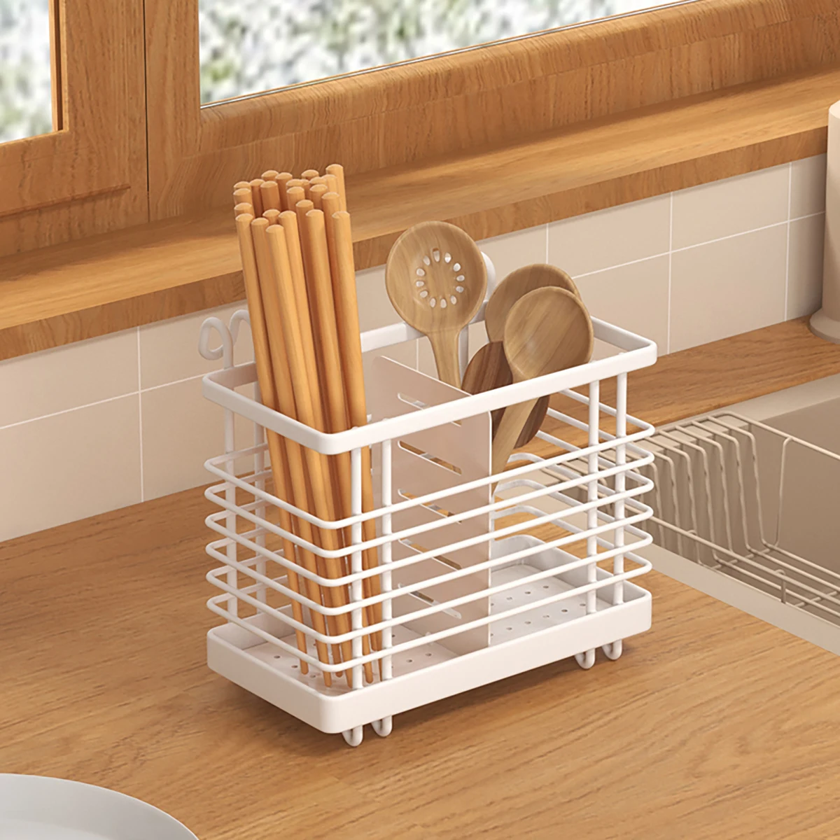 Non-Drilling Countertop Cutlery Rack Kitchen Utensil Storage Container Space-Saving Chopstick Storage Organizer