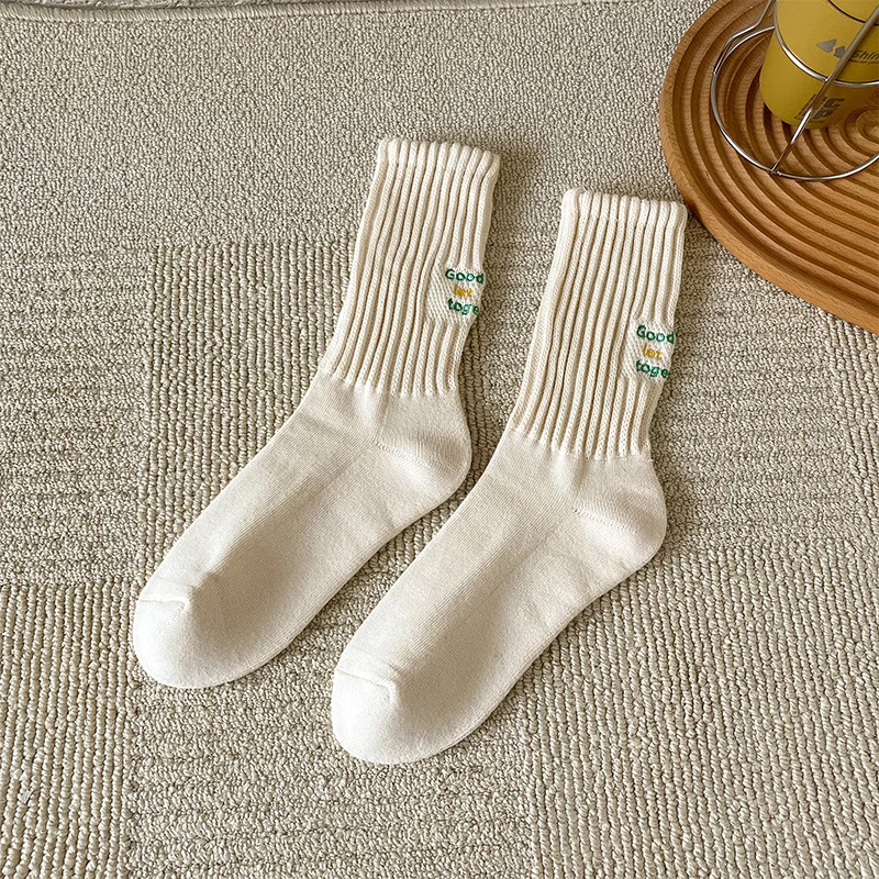 Calcetines de tubo medio de algodón para hombre, medias informales gruesas con letras, parte inferior de toalla, calcetines deportivos de punto,