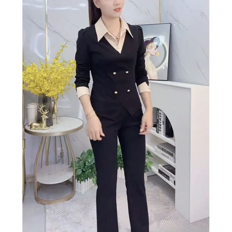 

Fashion Spring And Autumn 2025 Age-Reducing Slimming Stitching Fake Two-Piece Shirt Collar Coat+Casual Pants Two-Piece Suit