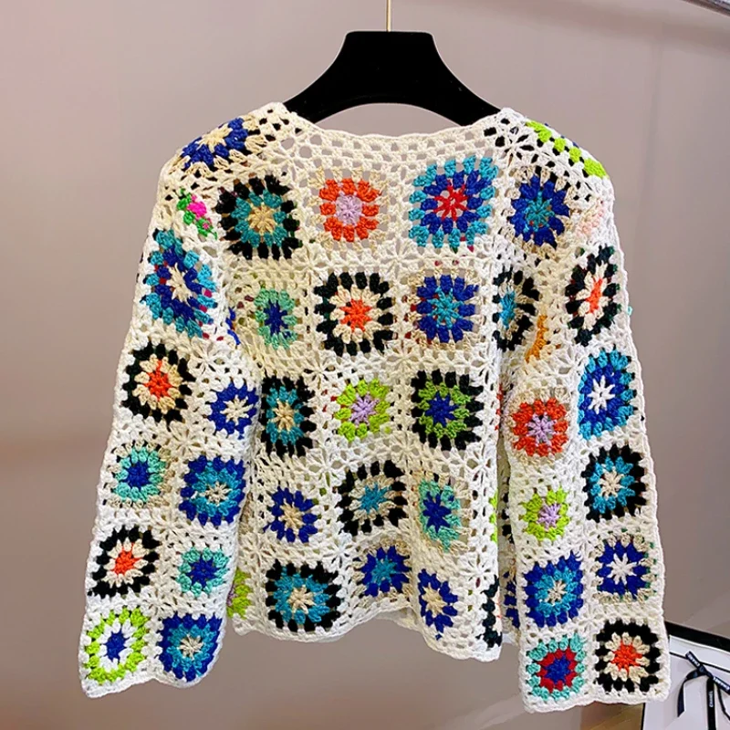 Women Handknit Crochet Hollow-out Bohemian V-neck Sweater 2023 Autumn Winter New In