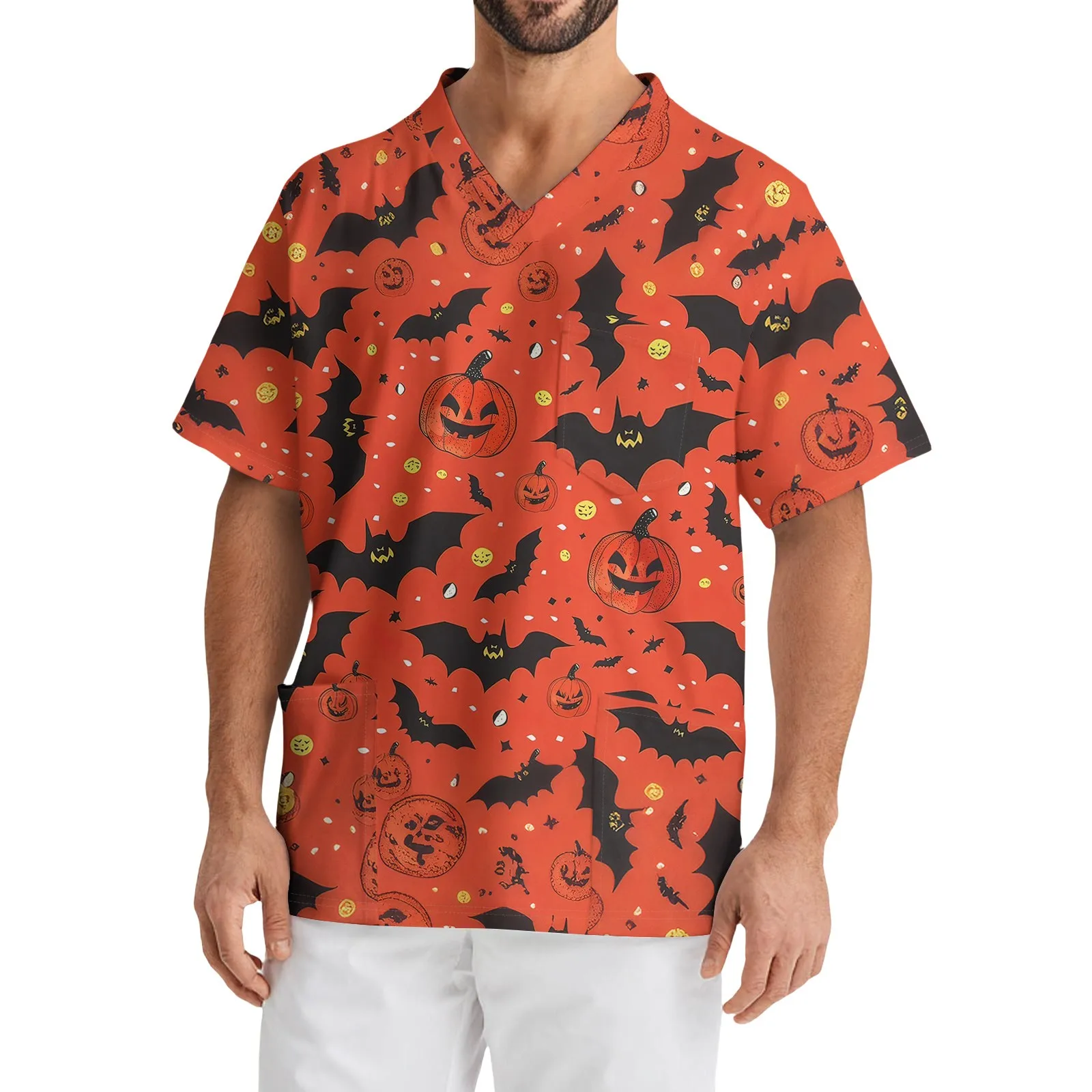 

Fun Halloween T-Shirt Spooky Pumpkin Design Trendy Fall Party Top Cute Bat Print Tee Cool October Festival Outfit