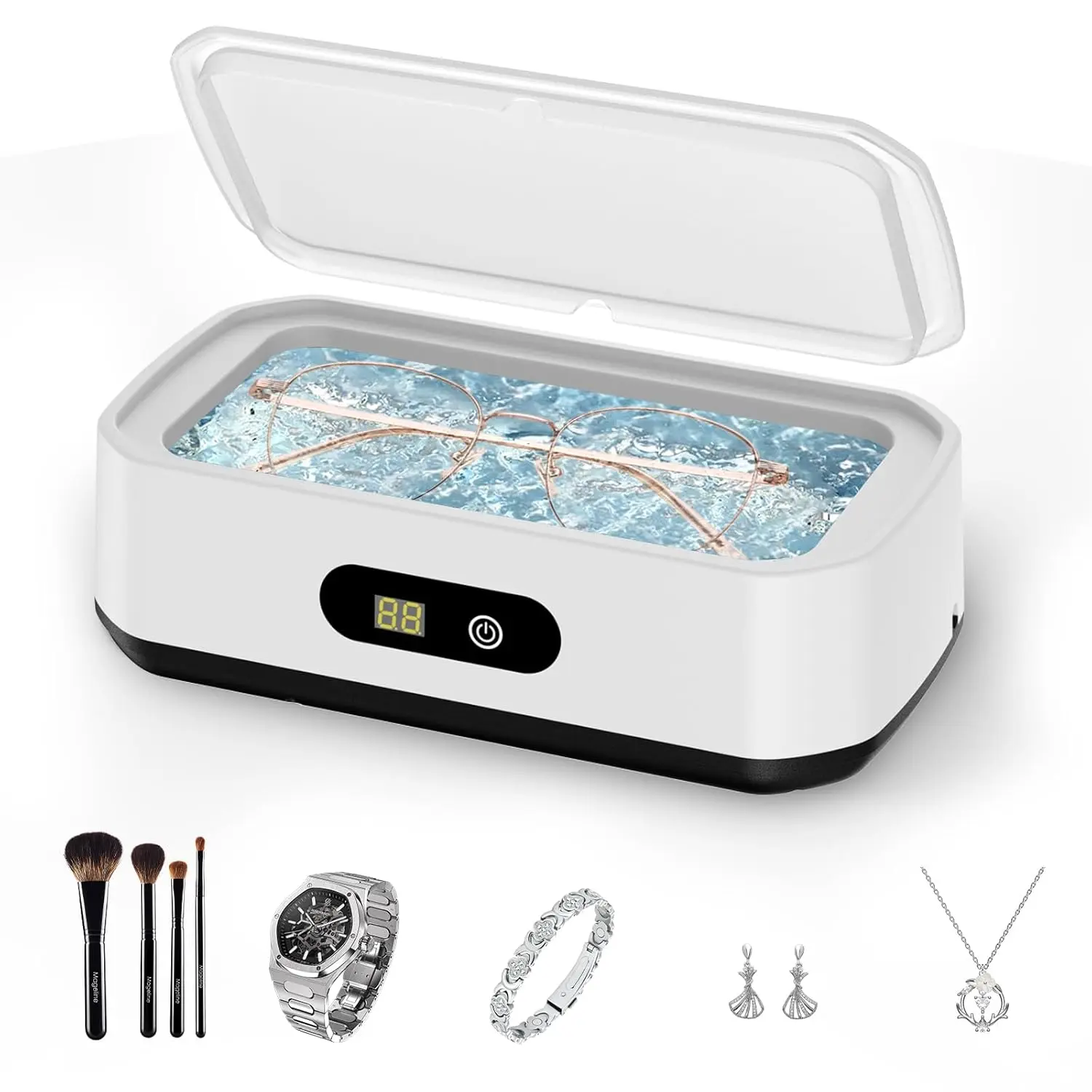 

Ultrasonic Cleaner Machine 650ml Capacity 50kHz with 5 Timer Modes for Glasses Jewelry Rings Earring Retainers Makeup Tools