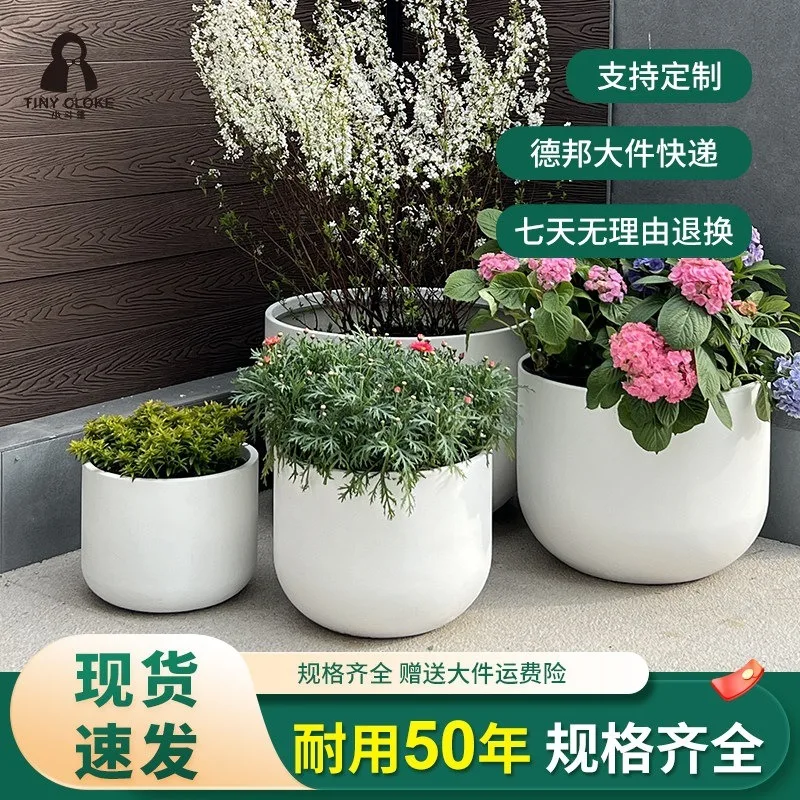 Outdoor FRP large white balcony store round courtyard extra large diameter lotus triangle plum blueberry flower pot