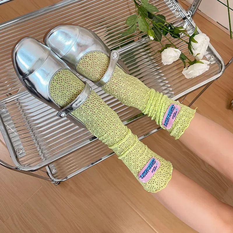 JK Candy Color Lace Fishnet Socks Thin Y2k Label Star Yarn Sweet Socks Japanese Medium Tube Socks Stocking Party Accessories