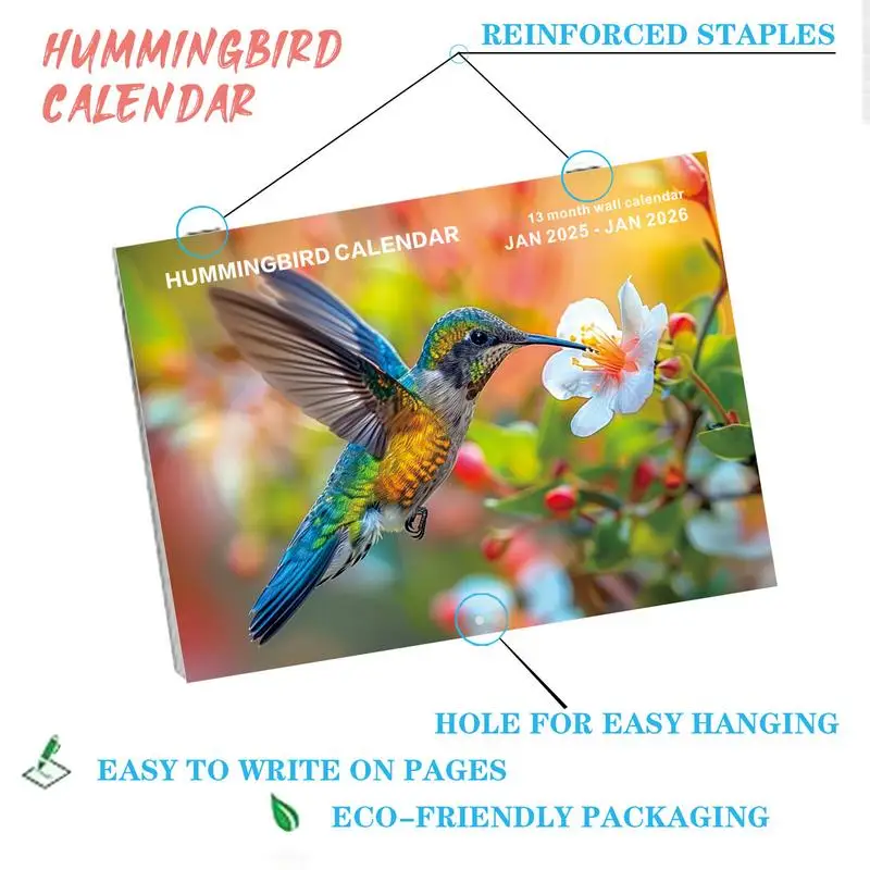 Calendrier mural imprimé colibri, décoration pour zone de travail, salon, 12 mois, 2025