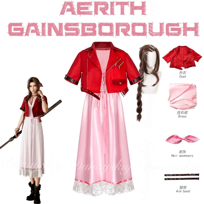 

Final Fantasy VII FF7 Rebirth Game Aerith Gainsborough Cosplay With Brown Wig With Pink Dress Red Jacket Cosplay Costume All Set