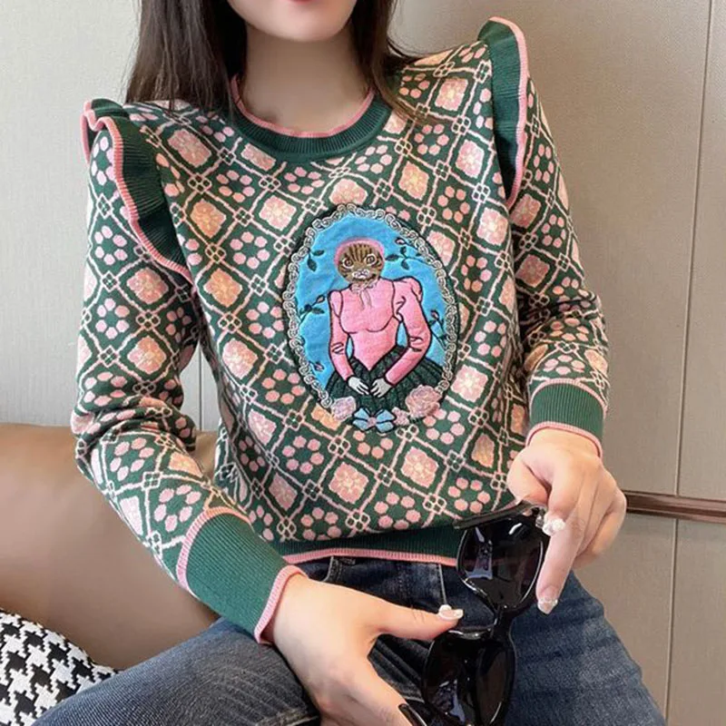 Ruffles Sweater Pullover Women Vintage Cartoon Embroidery Knitwear y2k Tops Female Spring Long Sleeve Woman Sweater Jumper