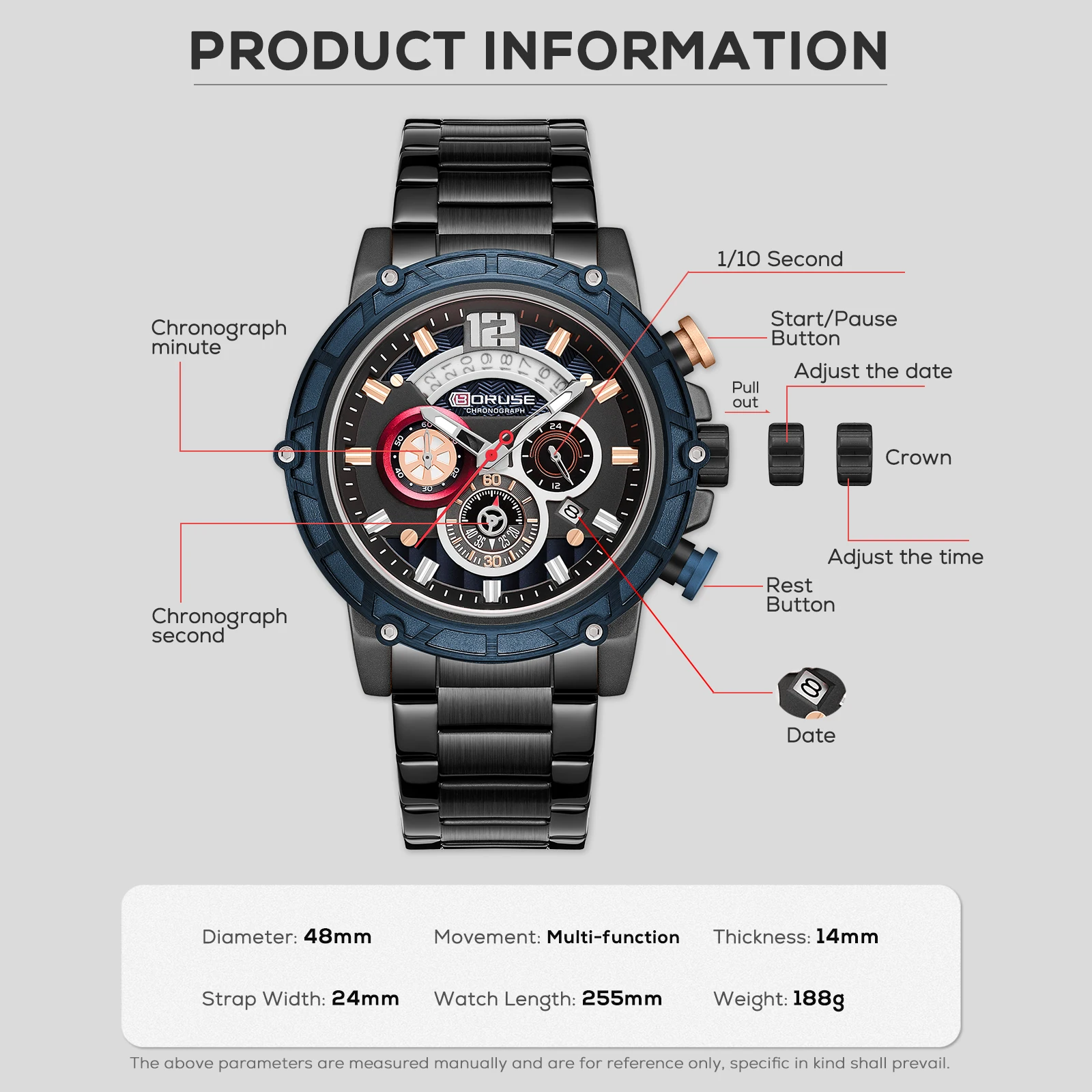 BORUSE Fashion Men Watches Top Brand Luxury Stainless Steel Sport Watch Men Quartz Date Clock Waterproof Wristwatch Clock