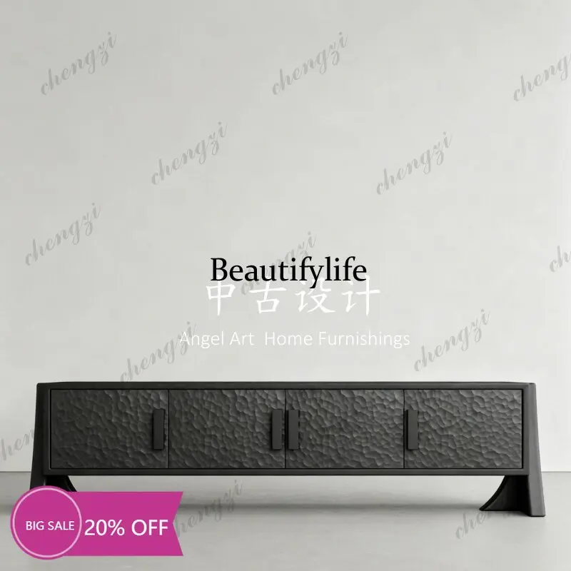02A Medieval designer household hammer pattern solid wood storage TV cabinet black high-end edge cabinet