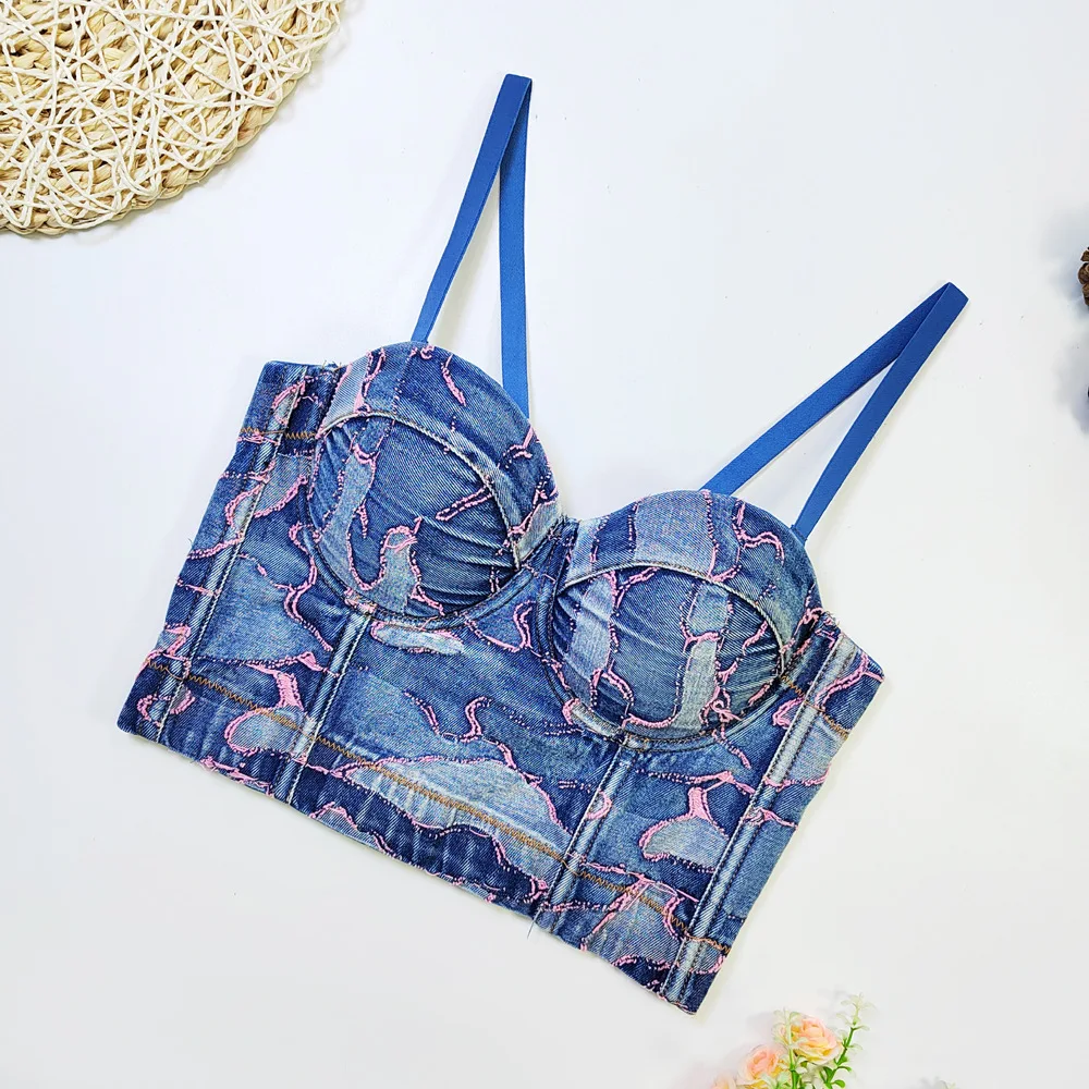 New Arrival Retro Denim Bralette Print Bra Top for Women with Fish-bone European and American Style Summer Wear Jean Strap Bra image 3