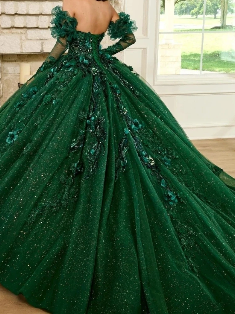 Charming Green Women Formal Evening Dress Off Shoulder Beading Applique Long Sleeve Prom Party Dress Quinceanera Gown Girl 15 16