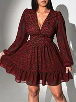 Nuevo vestido Sexy de manga larga con estampado de leopardo y cuello en V, ropa de talla grande para mujer, falda acampanada ajustada americana, vestido elegante de fiesta de noche