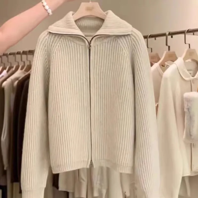 

Женский кардиган на молнии с лацканами из 100% мериносовой шерсти, осень-зима, толстый повседневный модный вязаный кашемировый свитер