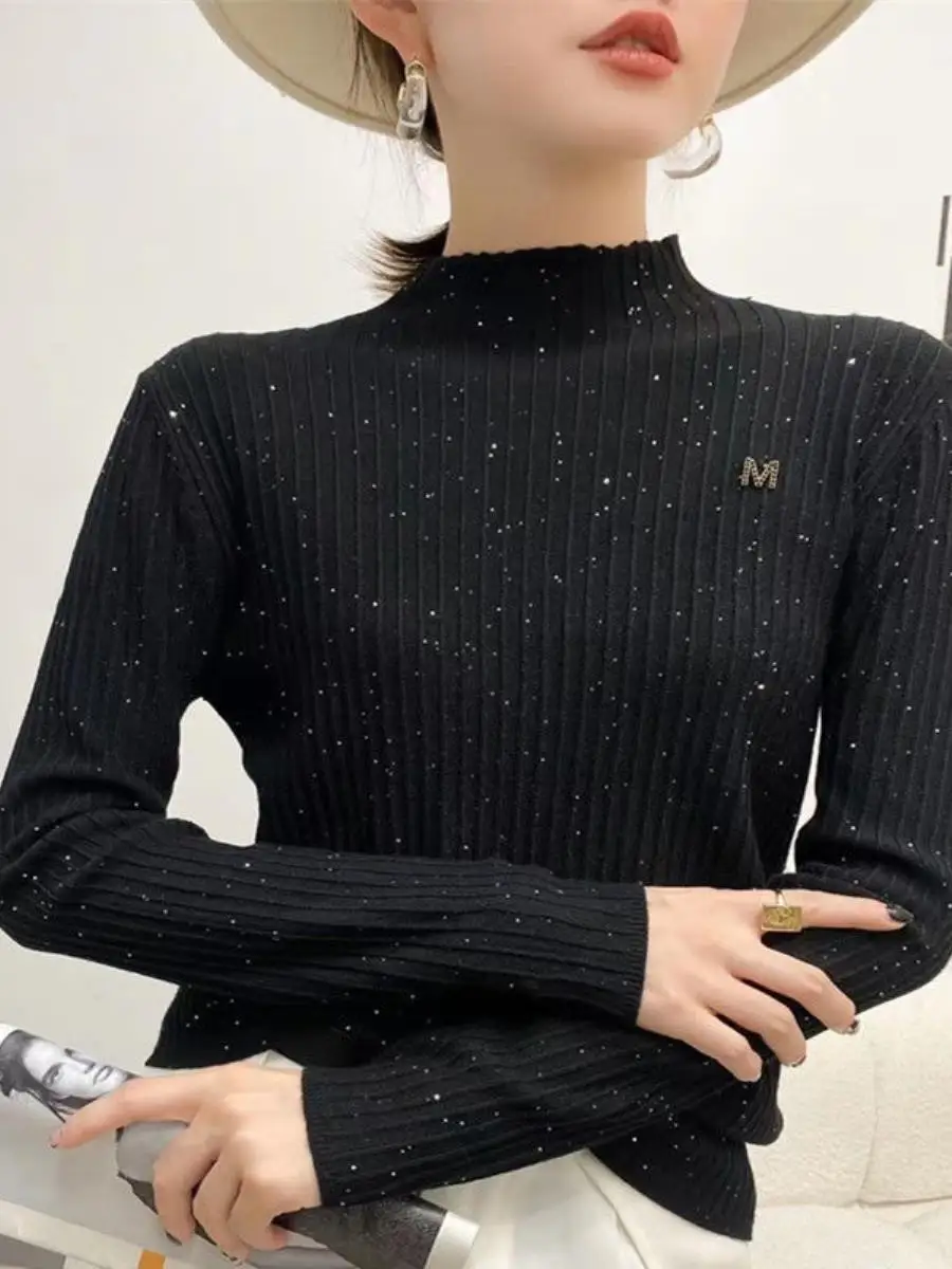

iny Thin Knitted Long Sve Sweater High Collar Slim Fit Base irt Women's Autumn Winter Faion Casual Comfortable Top
