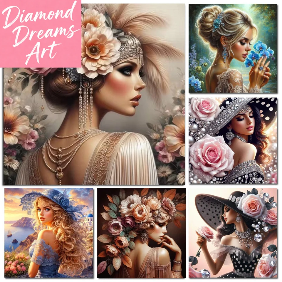 Frameless,Diamond Painting Beautiful Vintage Woman Flowers New Beads Embroidery Mosaic 5D Full Square Round Diamond Cross Stitch