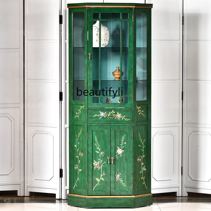 

European Style Solid Wood Hand Painted Living Room Storage Cabinet with Light Wine Cabinet American Glass Triangle Sideboard