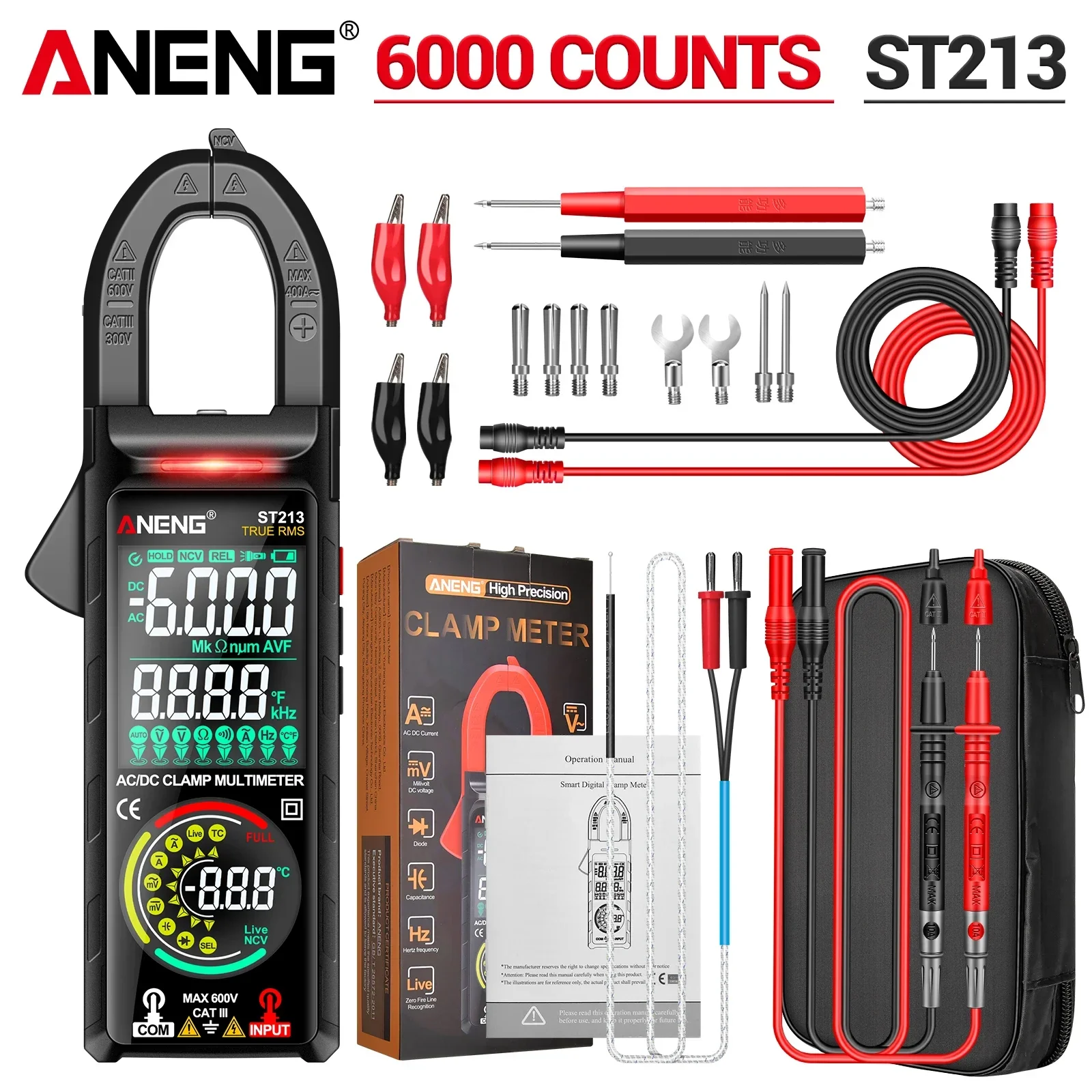 ANENG ST213 Digitale Klemmeter 6000 Tellingen AC DC 400A Stroom VA Dubbele Omkeerbare Display NCV Nulspanning Leiding Temperatuur Capaciteit Frequentie