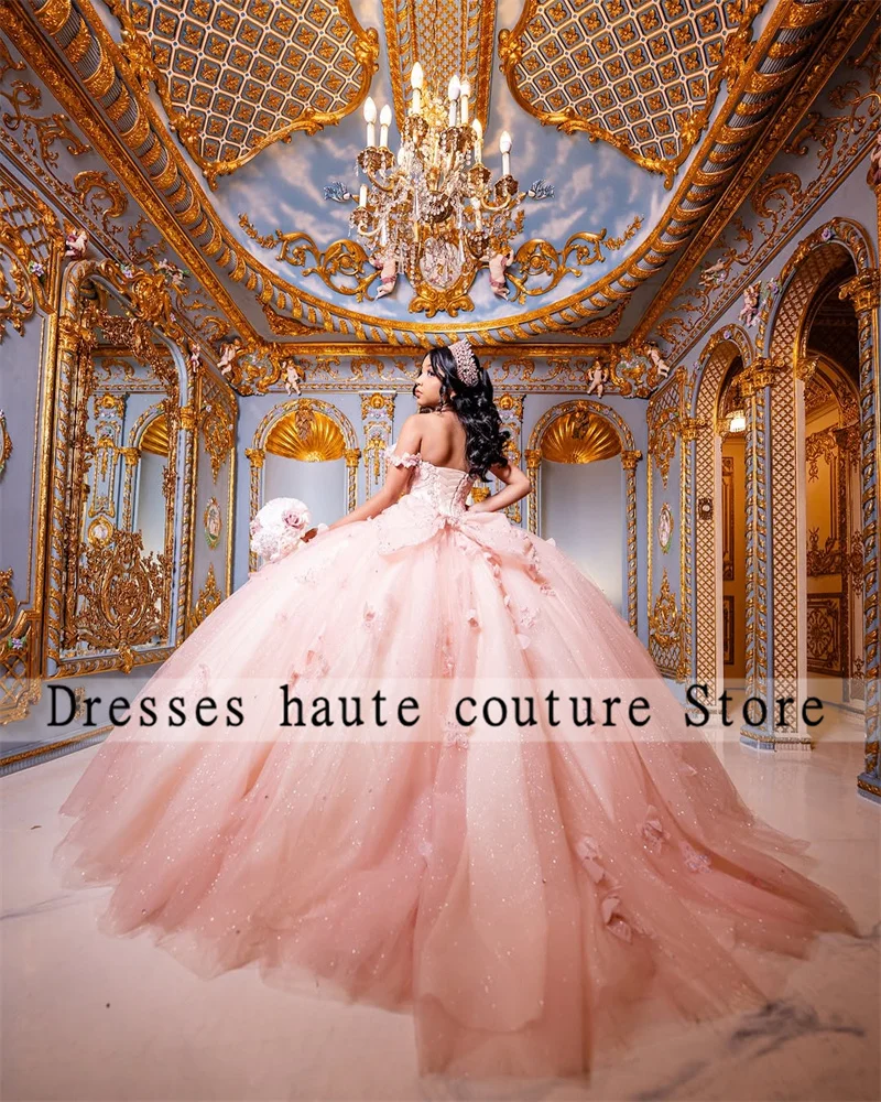 新しいピンクレースビーズキンセアニェーラドレス夜会服 2025 弓オフショルダースウィート 16 ドレス Vestidos デ 15 アニョスカスタマイズ