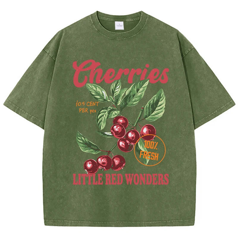 Cherries Red Wonders Printing Men Washed T-Shirt Summer Cool T Shirts Distressed Hip Hop Clothes Breathable Soft Cotton T-Shirt