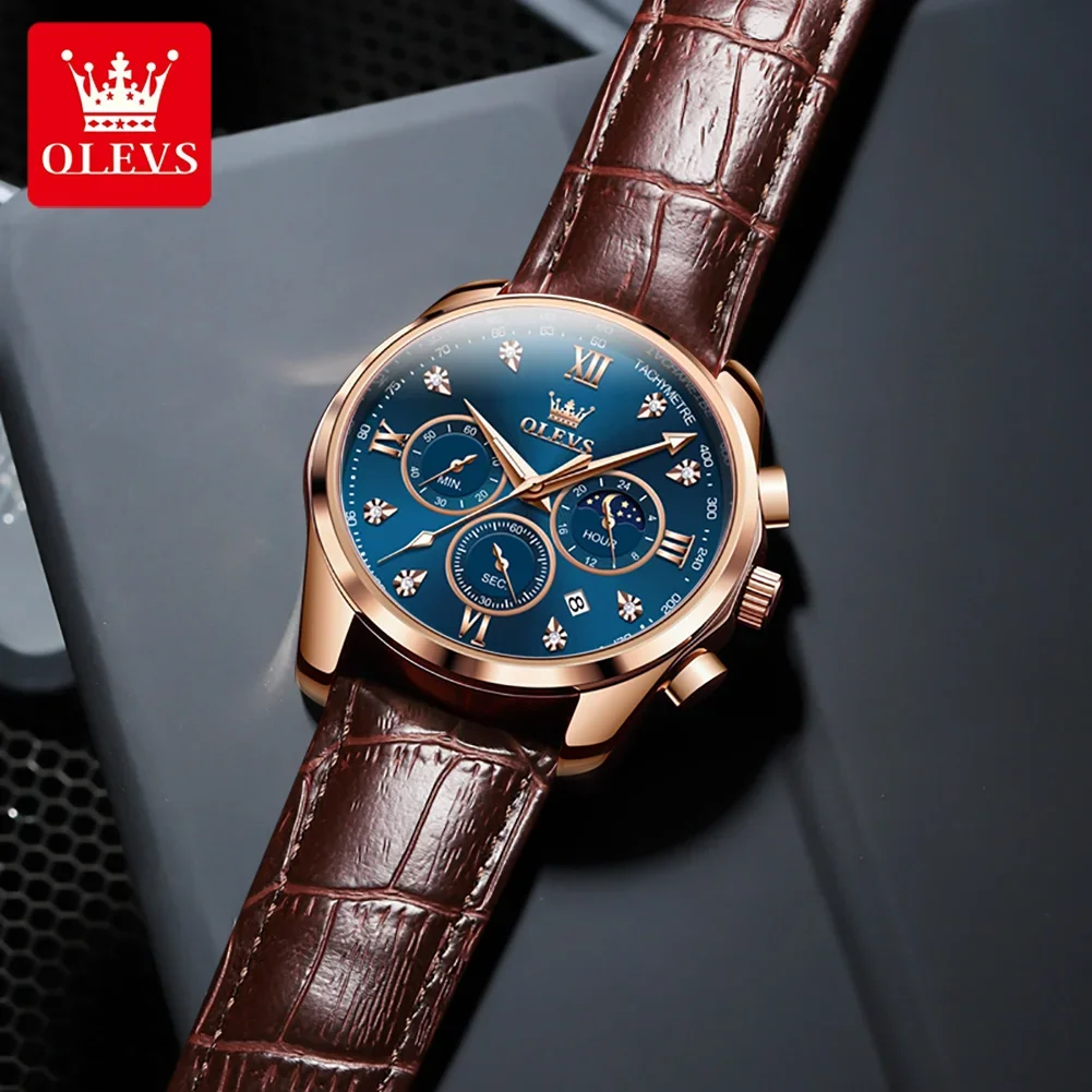 OLEVS นาฬิกาควอตซ์ผู้ชายสแตนเลสหรูหรานาฬิกาผู้ชายกันน้ํา Luminous Moon Phase Chronograph นาฬิกาข้อมือ Reloj Hombre