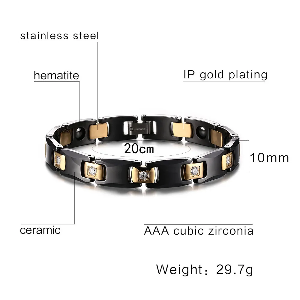 Vinterly Black Ceramic Bracelet for Women Chain Link Healing Energy Magnetic Hematite Crystals Gold-color Bracelets & Bangles