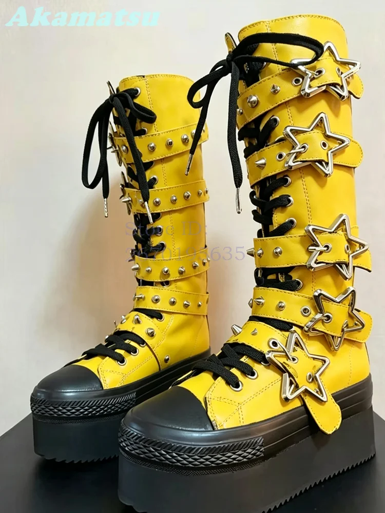 Purple Leopard Print Platform Mid Calf Boots Hollow Star Buckle Spiked Straps Lace Up Gothic Punk Boots New Women Shoes 2026