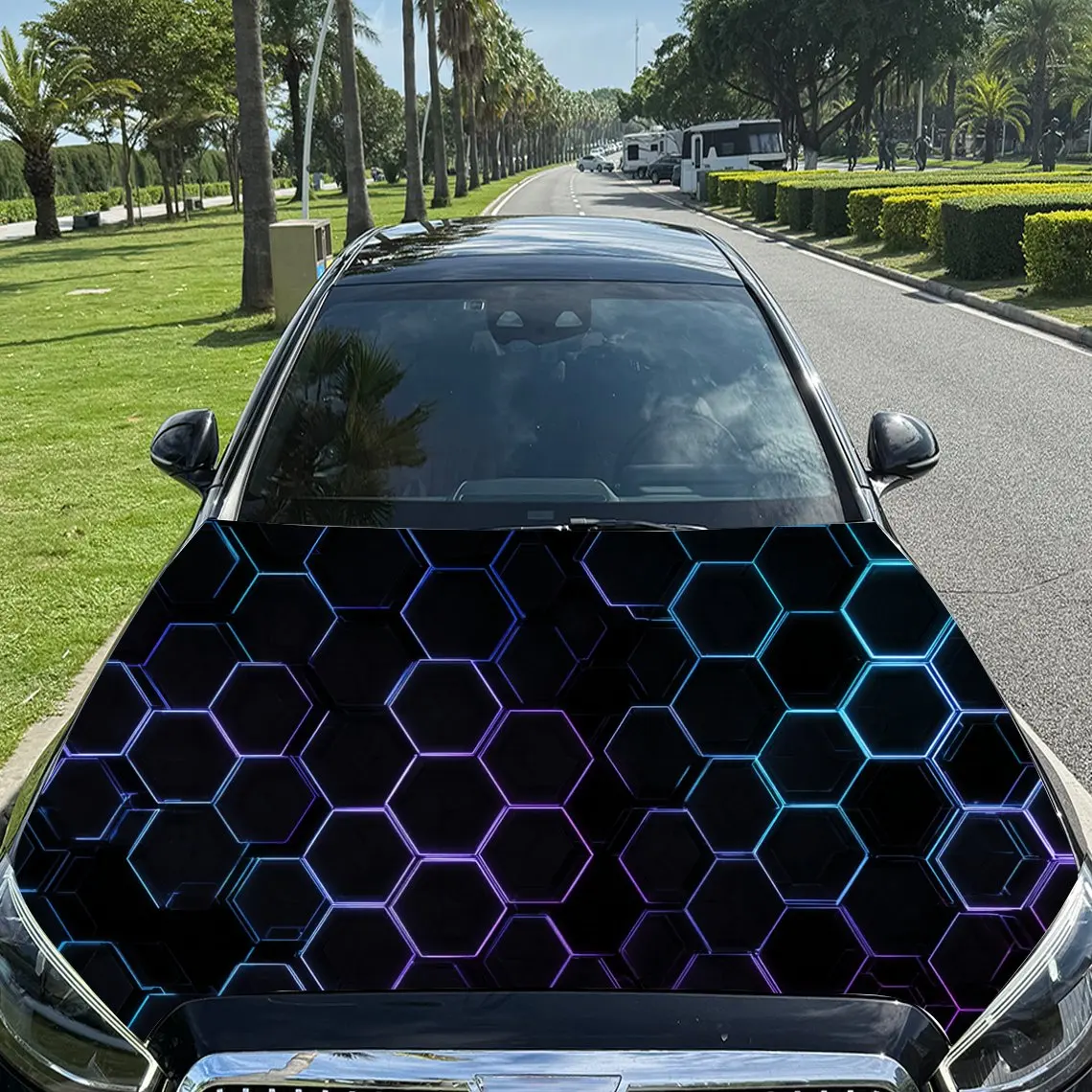 Cool Blue-purple Gradient Honeycomb Pattern car hood stickers, waterproof self-adhesive, scratch resistant, easy to stick, durab