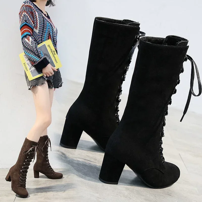 

Hot Selling Autumn Suede Mid-calf Boots Fashion Woman Middle Heels Knee High Riding Boot Female Shoe Women's Lace Plus Size 43