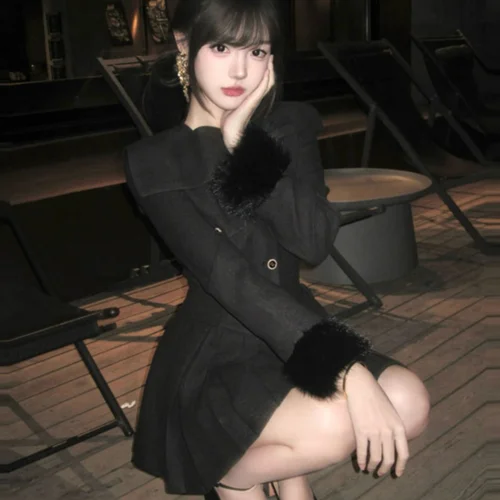 헤비 헤비 스타일 스커트 드레스 한국 스타일 루즈핏 헤비 헤비 스타일 스커트 드레스 외투 울 허리 조임 리본 스커트 드레스  Best5