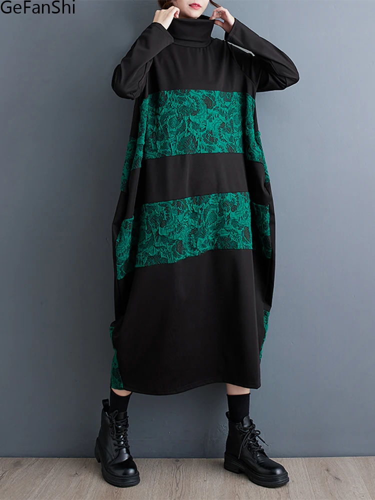 

2023 New Autumn Winter Patchwork Turtleneck Casual Dresses Women Long Sleeve Fashion Dress Elegant Ladies Clothes Vestidos Robe