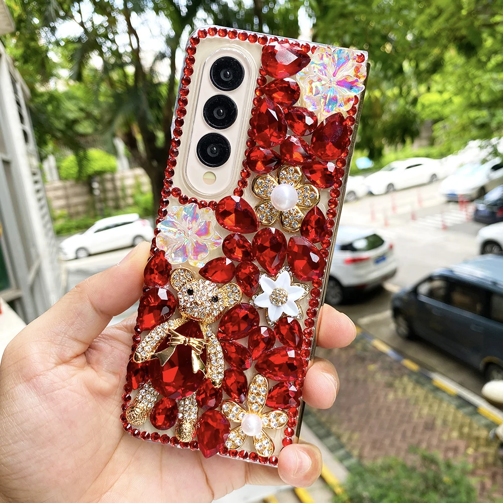 

Роскошный чехол для телефона со стразами и милым медведем для Samsung Galaxy Z Fold 7, 6, 5, 4, 3, 2, чехол с бриллиантами и лазерными цветами, красная капля воды, кристалл