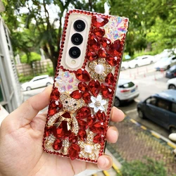 Luxury Rhinestone Cute Bear Phone Case For Samsung Galaxy Z Fold 7 6 5 4 3 2 Diamond Laser Flowers Red Water Drop Crystal Cover