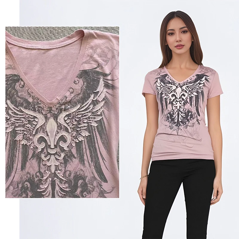 American Vintage Pink V-neck Short-sleeved T-shirt Women's 2024 Summer Slim-fit Top Casual New Chic Basic Fashion Retro Y2k Tees