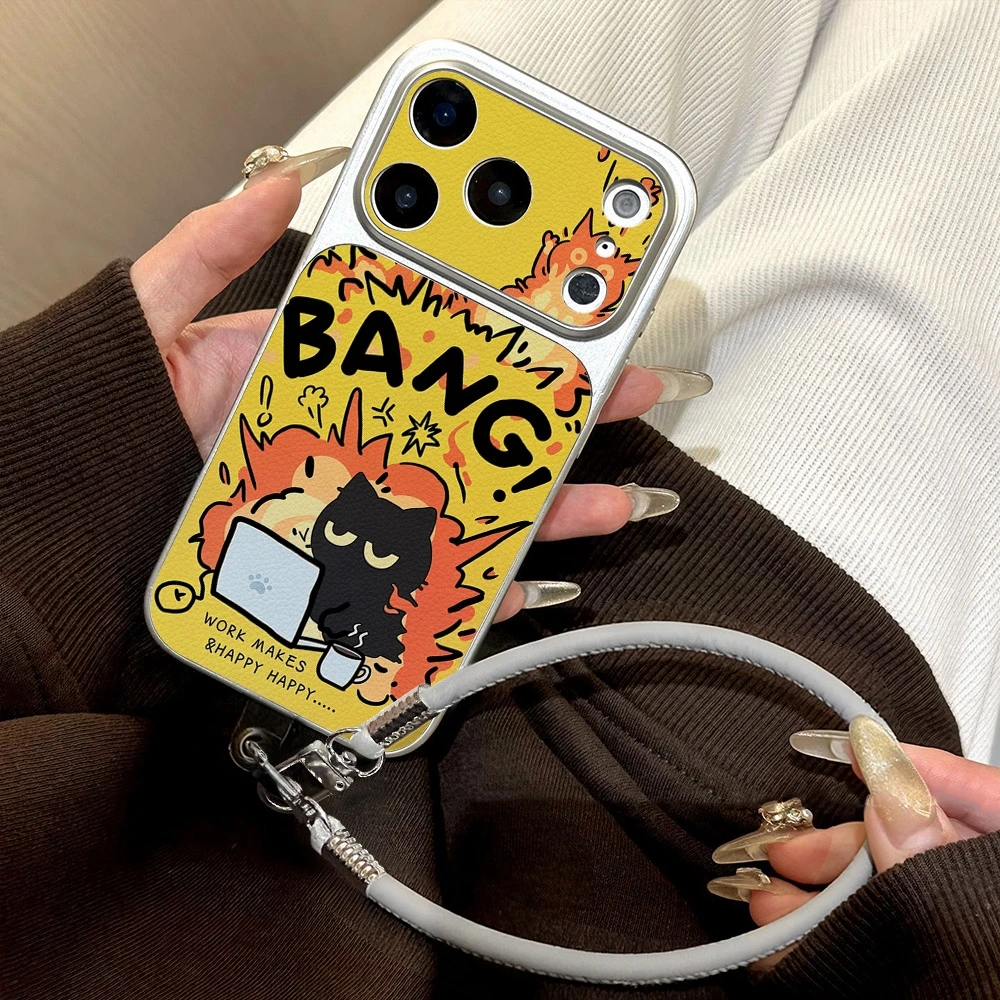 Funny Bang Cat Lichee Leather Pattern Phone Case For iPhone 18 17 16 15 14 13 12 11 Pro Max Shockproof Cover With Lanyard view 6