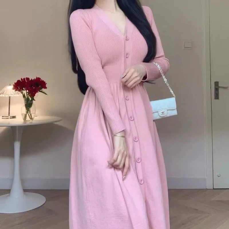 Autumn Winter Knit Pink V-Neck Single Breasted Dress Long Sleeve Solid Colour Women\'s Cinched Waist in Vestidos Largos