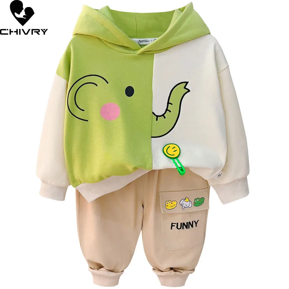 New Baby Boys Spring Autumn Fashion Cartoon Animal Patchwork Hooded Hoodies Sweatshirt with Pants Kids Casual Clothing Sets