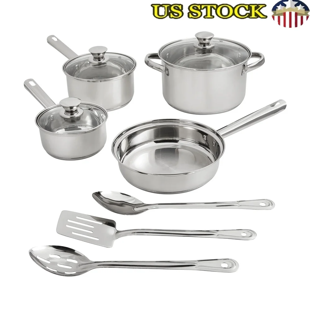 

Набор посуды из нержавеющей стали, 10 шт., индукционная совместимая прочная посуда со стеклянными крышками, сервировочные ложки и лопаточки, семейные блюда