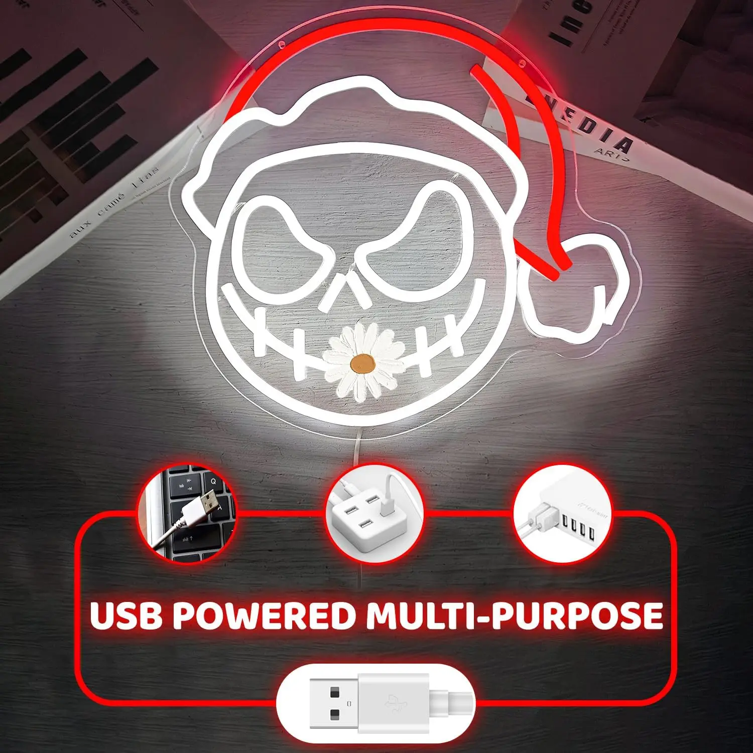Christmas Skull  LED Neon Sign USB Dimmable Neon Light Sign for Gameroom Bedroom Bar Livingroom Birthday Party Gift Wall Decor