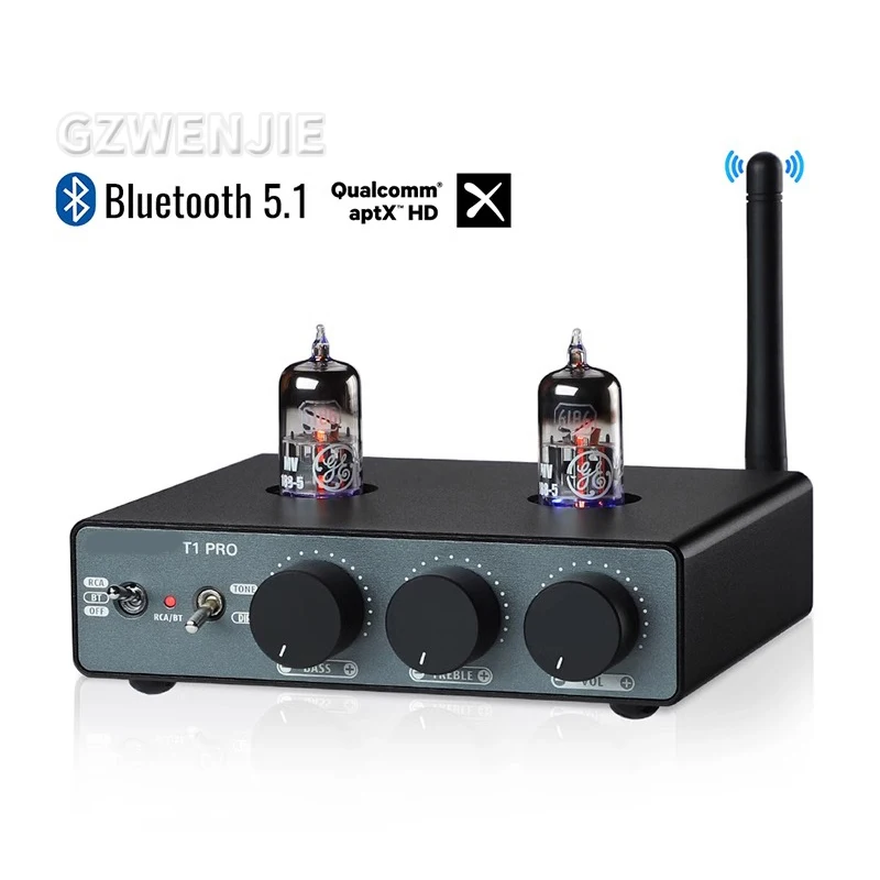 T1 PRO12V Audio HiFi Bluetooth 5.1 Valve Tube Preamp Stereo Receiver RCA Player Home Desktop Pre-amplifier w/Treble Bass Control